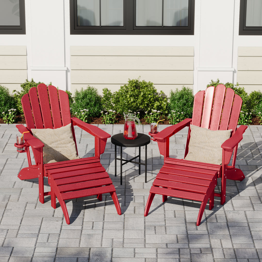 Highland 4-Piece Outdoor Patio HDPE Adirondack Chairs With Ottomans and Cup Holder Set