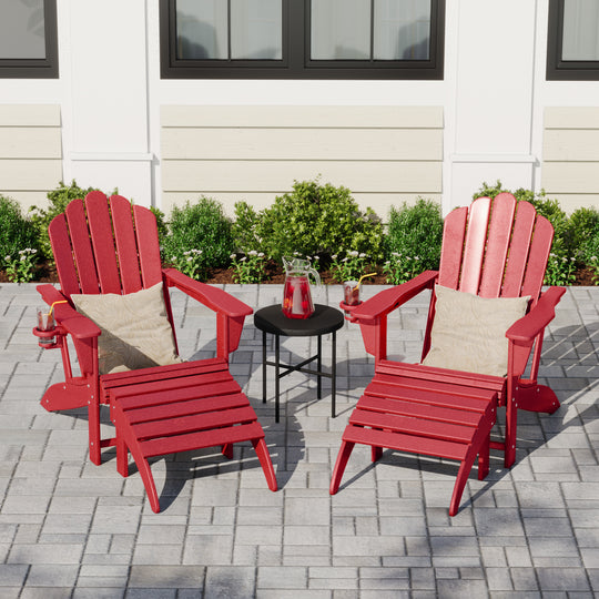 Highland 4-Piece Outdoor Patio HDPE Adirondack Chairs With Ottomans and Cup Holder Set