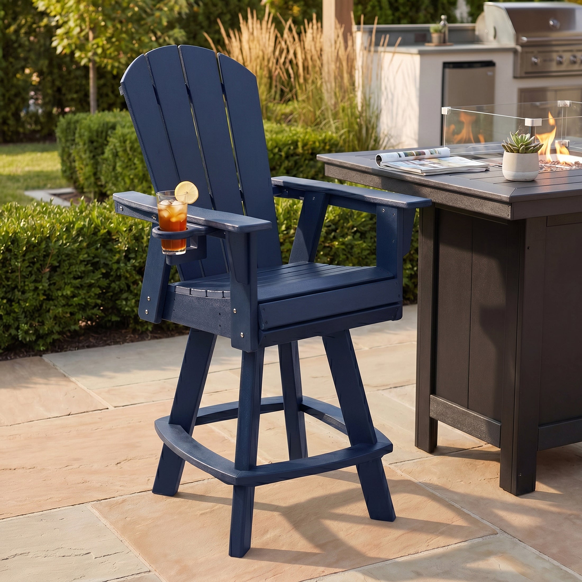 Malibu Outdoor HDPE Swivel Adirondack Bar Height Chair With Cup Holder