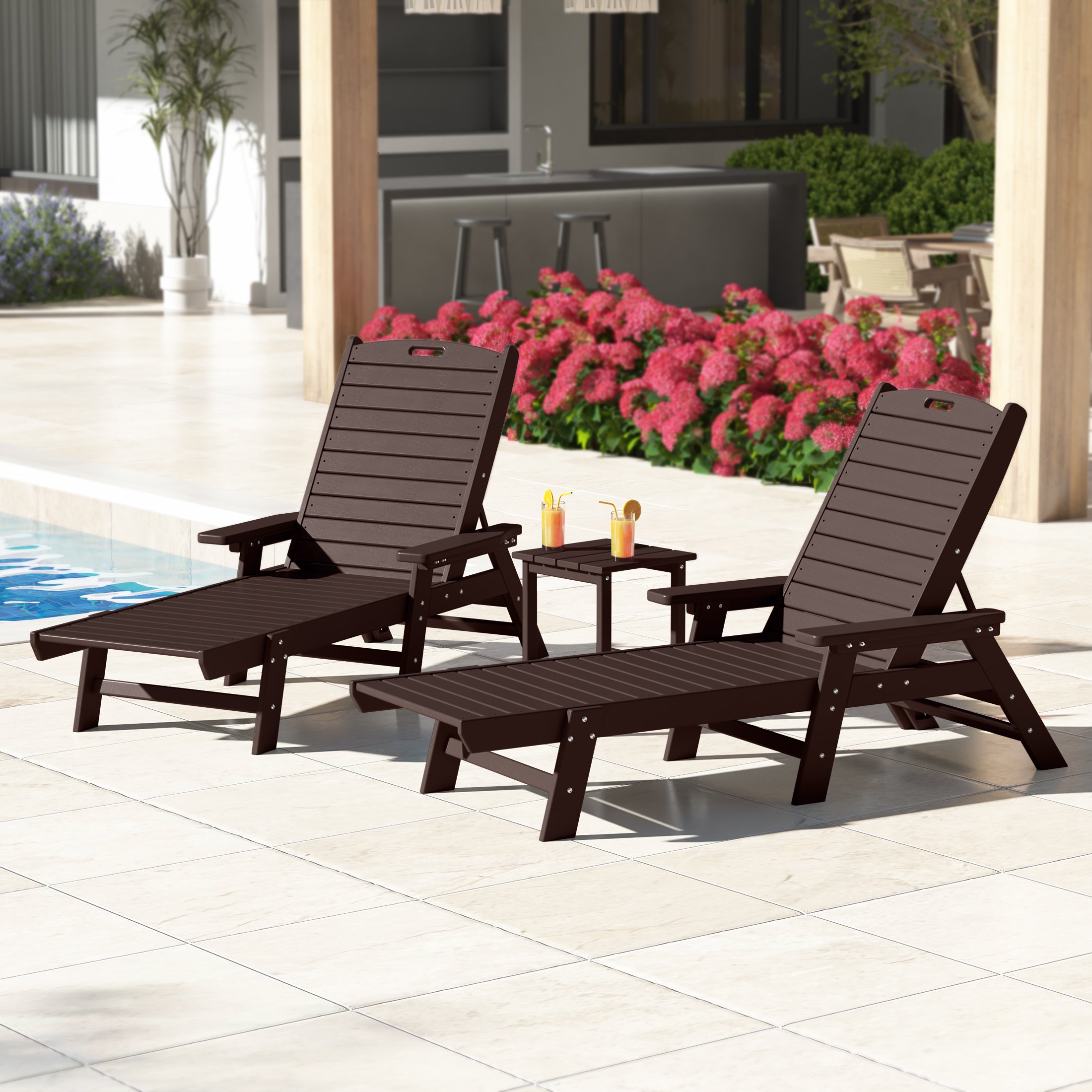 Malibu Poly Reclining Chaise Lounge Set With Table