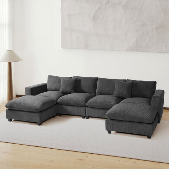 Hearthside 128" Corduroy Modular U-Shaped Sectional Couch and Chaise With USB/Type-C Ports and Side Pockets