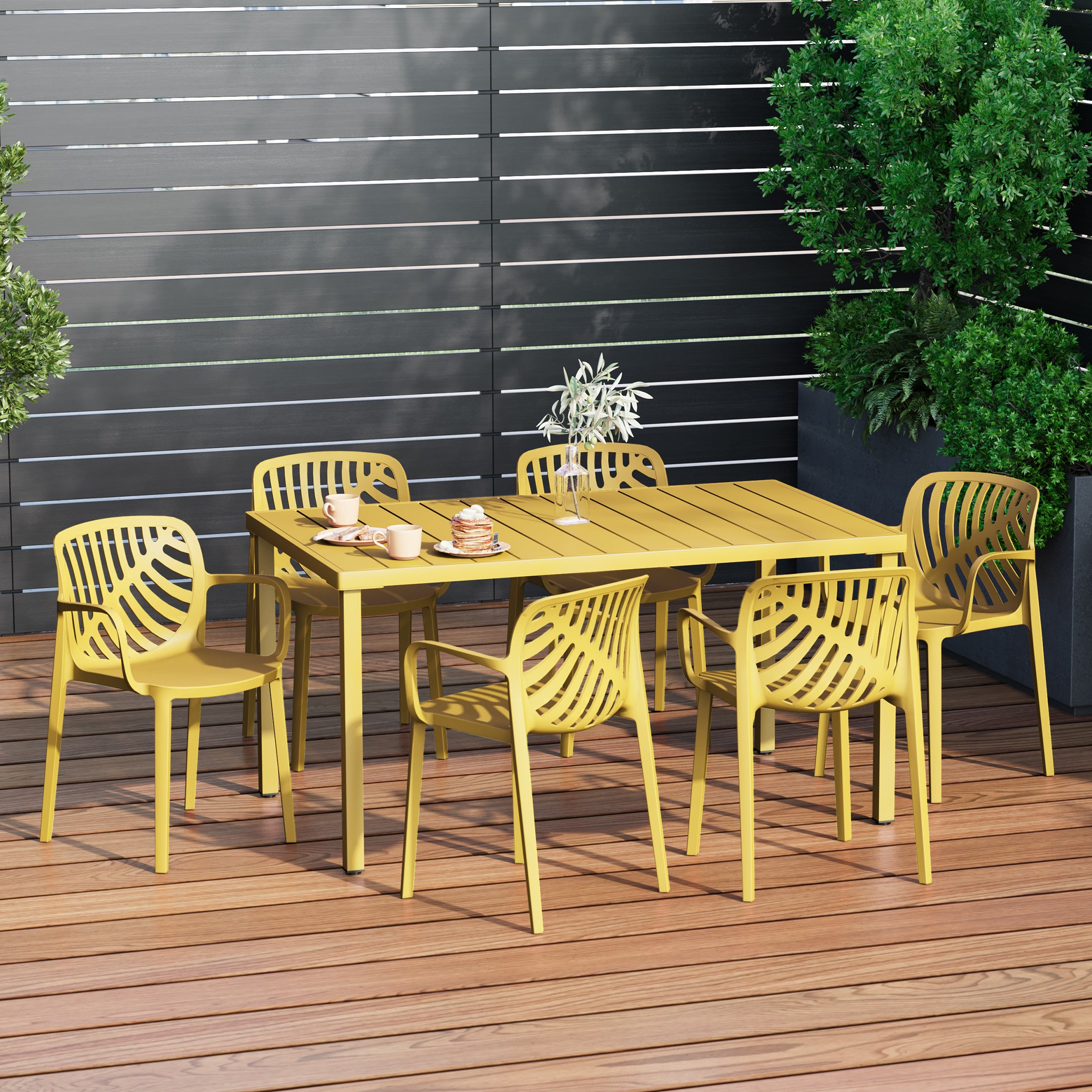 Playa 7-Piece Outdoor Metal Rectangle Patio Dining Table Set With Stackable Resin Patio Dining Chairs