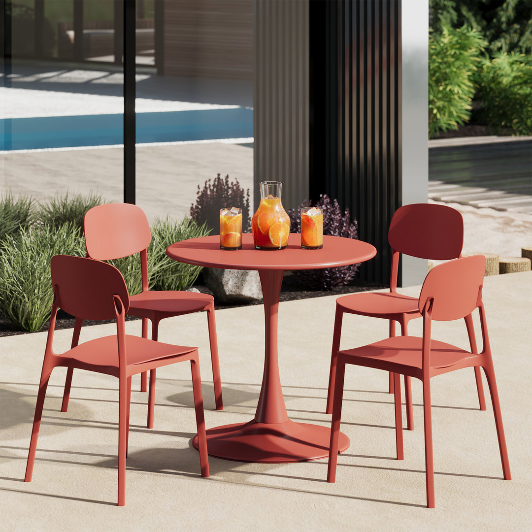 Playa 5-Piece Indoor Outdoor Metal Round Patio Dining Table Set With Stackable Resin Patio Side Chairs