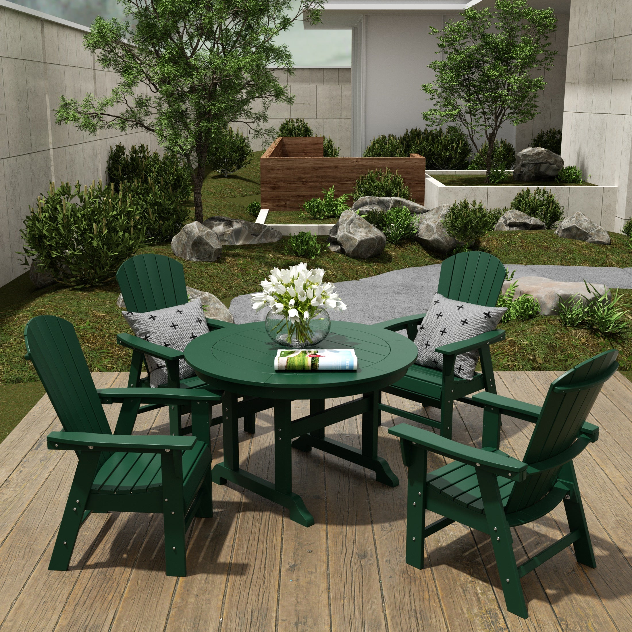 Dylan 5 Piece Outdoor Patio Dining Round Table and Shell Back Armchair Set