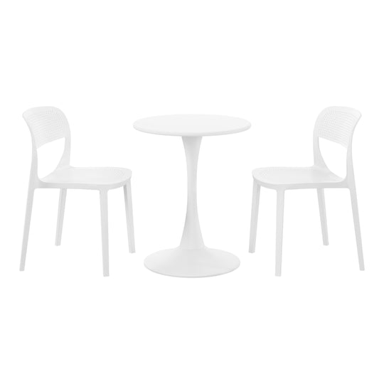 Playa 3-Piece Round Metal Bistro Dining Table Set And Stackable Resin Patio Dining Side Chairs