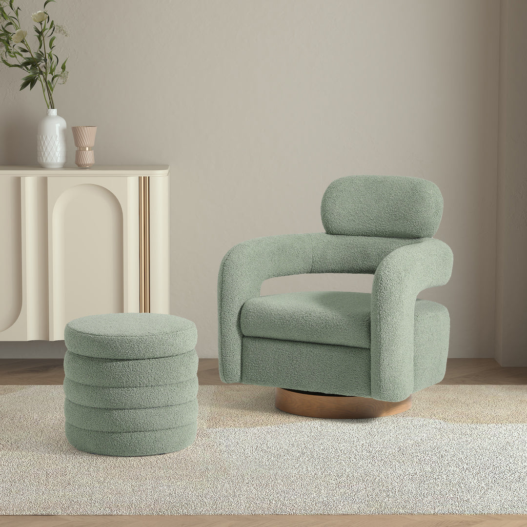 Alexandria Mid-Century Modern Sherpa Swivel Barrel Accent Chair With Storage Ottoman