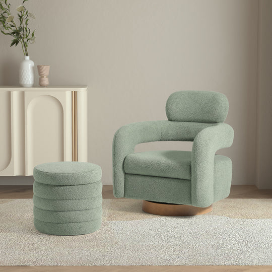 Alexandria Mid-Century Modern Sherpa Swivel Barrel Accent Chair With Storage Ottoman