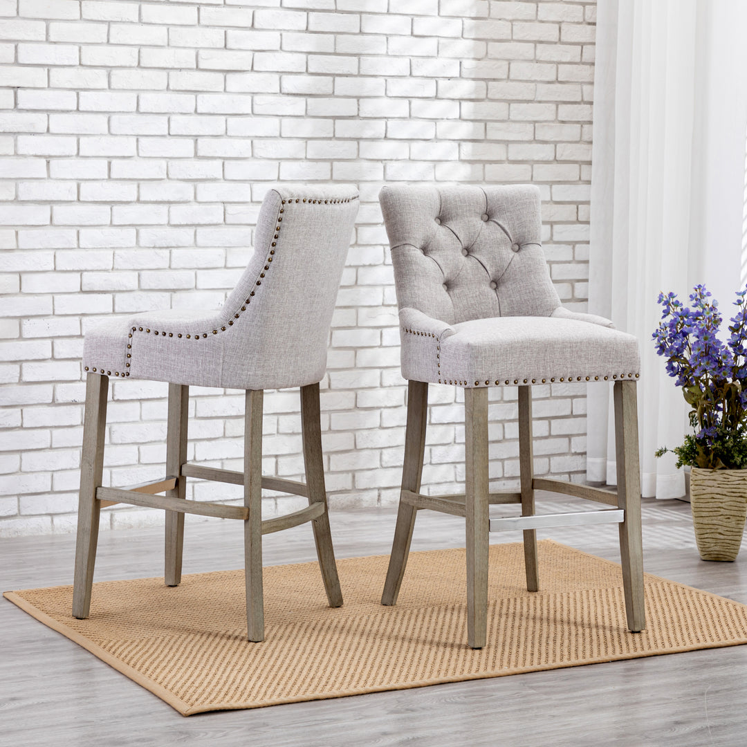 Hayes 29" Upholstered Tufted Wood Bar Stool (Set of 2), Antique Gray