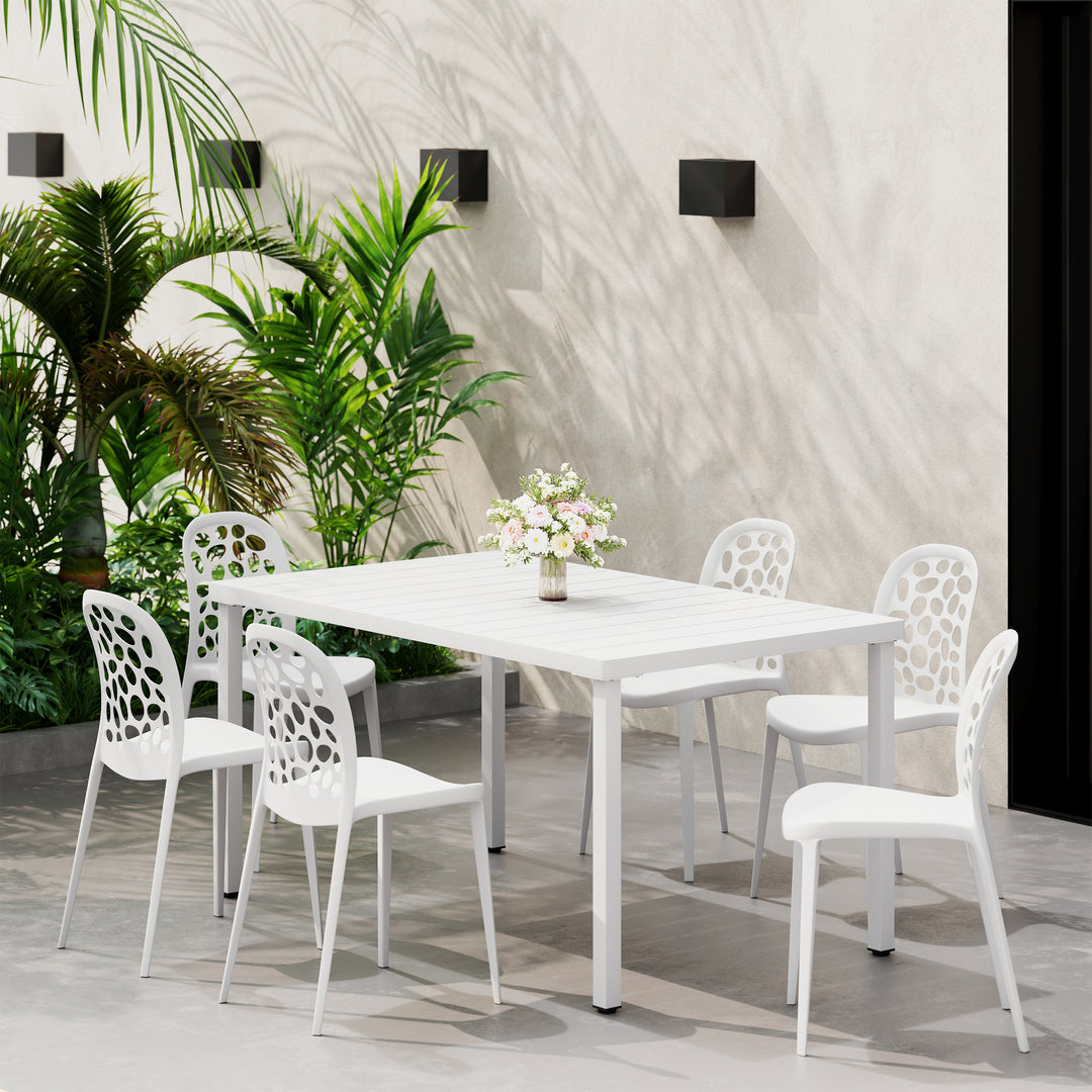 Playa 7-Piece Outdoor Metal Rectangle Patio Dining Table Set With Stackable Patio Dining Side Chairs
