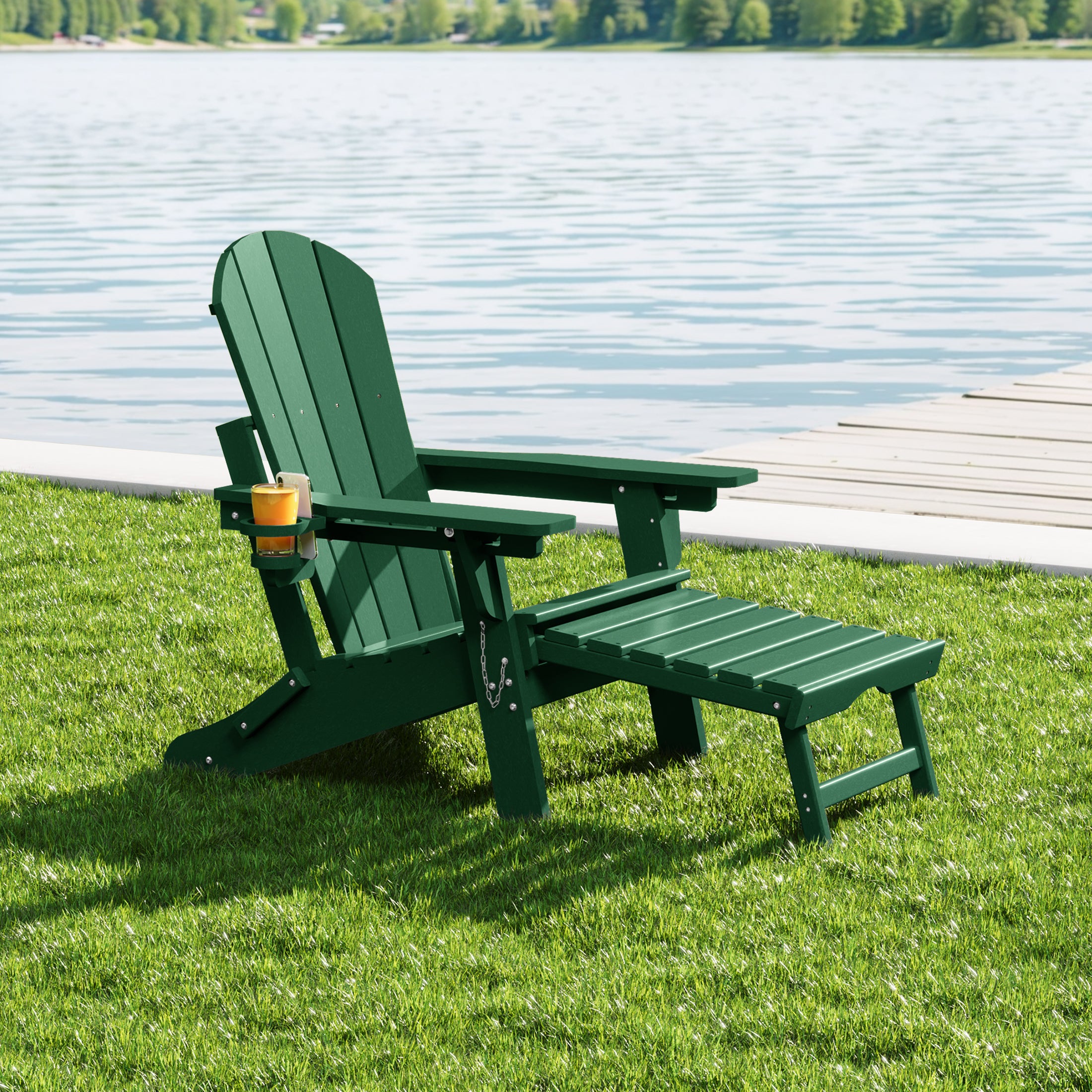 Malibu Folding Adjustable Adirondack Chair with Retractable Ottoman and Cup Holder