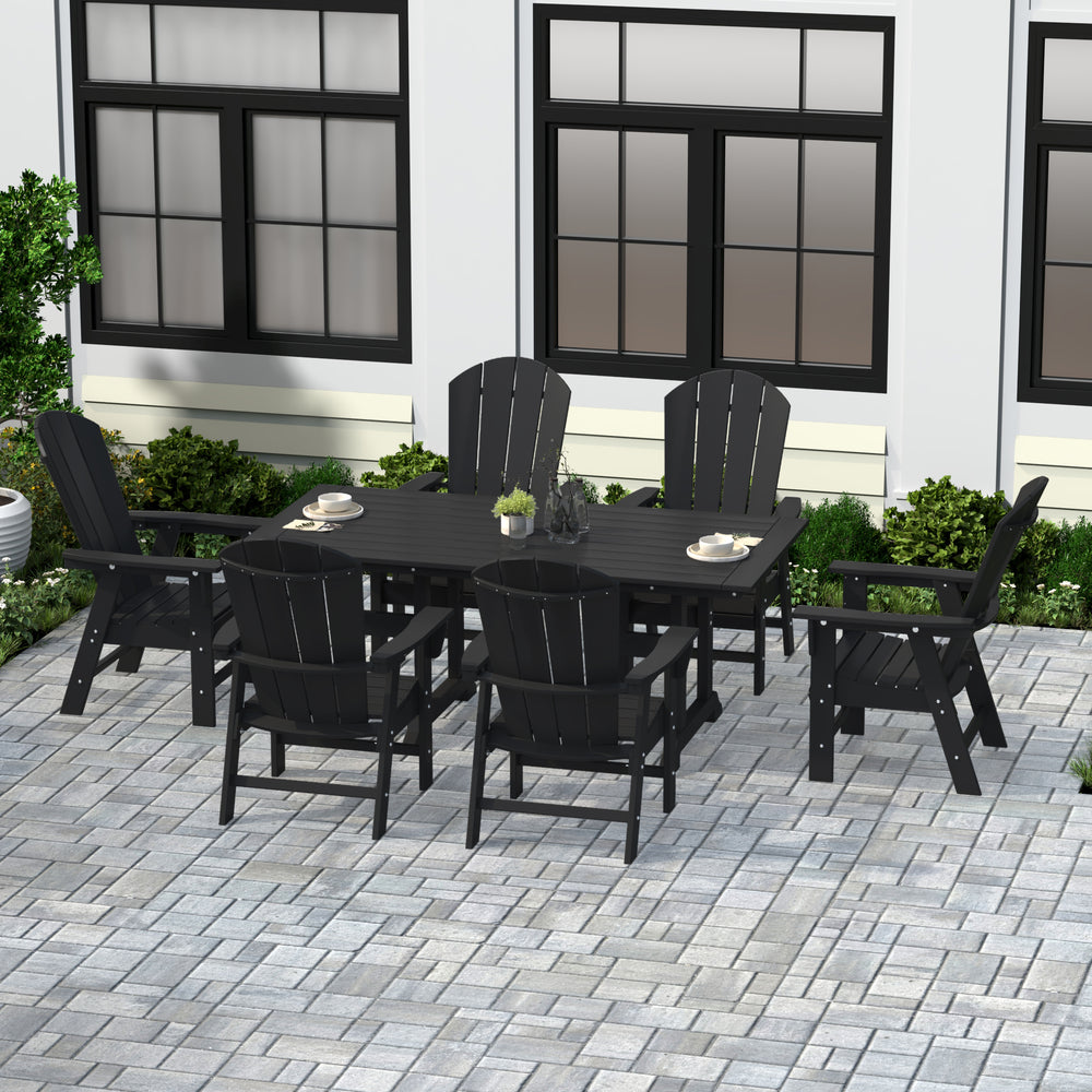 Malibu 7 Piece Outdoor Patio Dining Table and Adirondack Armchair Set