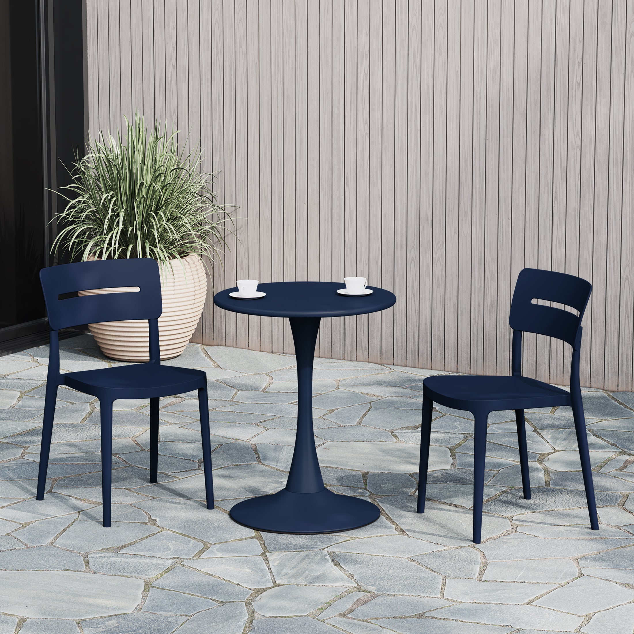 Playa 3-Piece Outdoor Round Metal Patio Dining Table Set With Stackable Patio Chairs