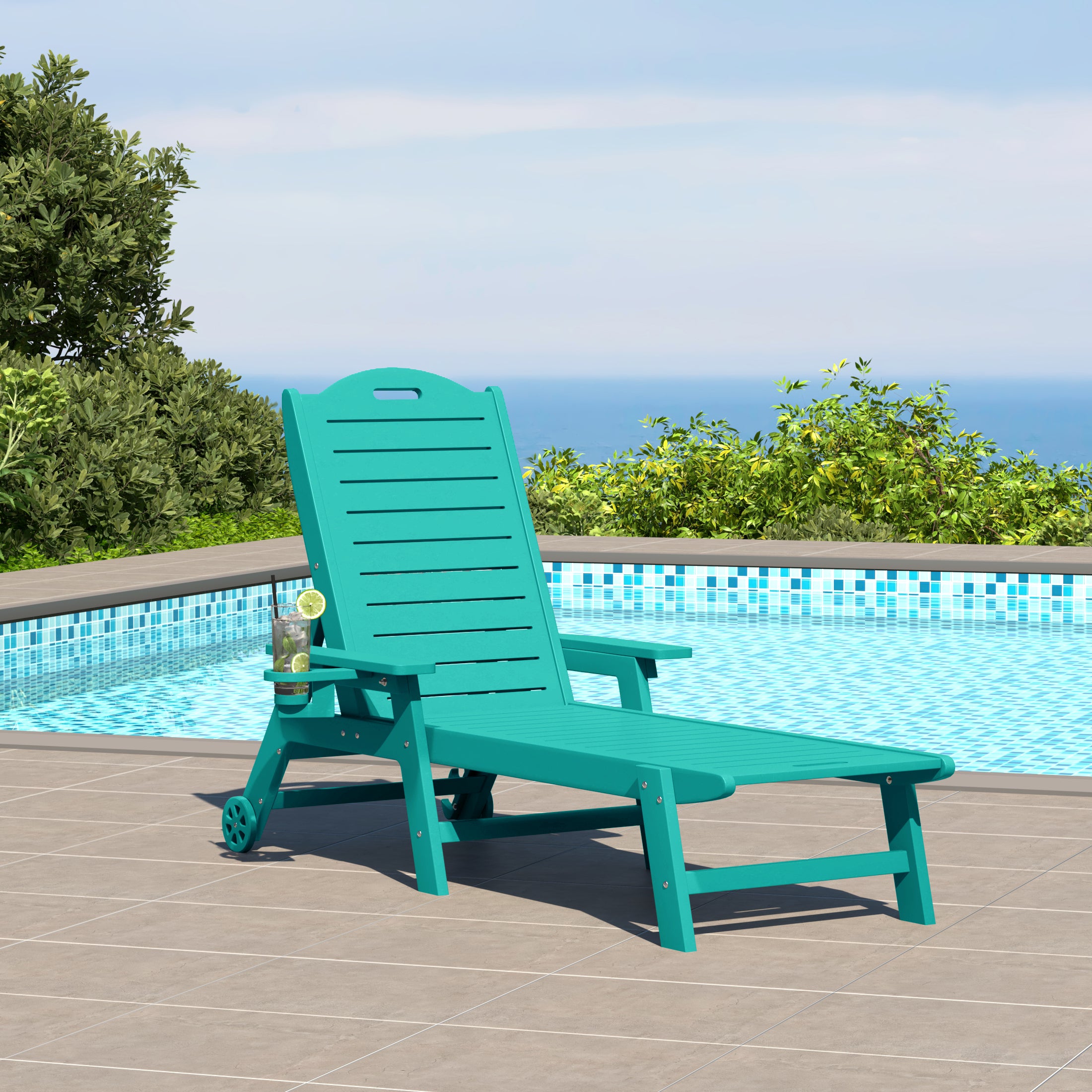 Aruba Outdoor HDPE Patio Chaise Lounge With Wheels & Cup Holder