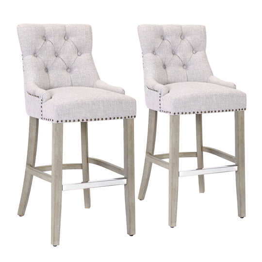 Hayes 29" Upholstered Tufted Wood Bar Stool (Set of 2), Antique Gray