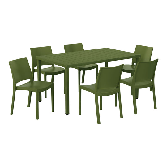 Playa 7-Piece Outdoor Rectangular Metal Patio Dining Table Set With Stackable Resin Patio Side Chairs