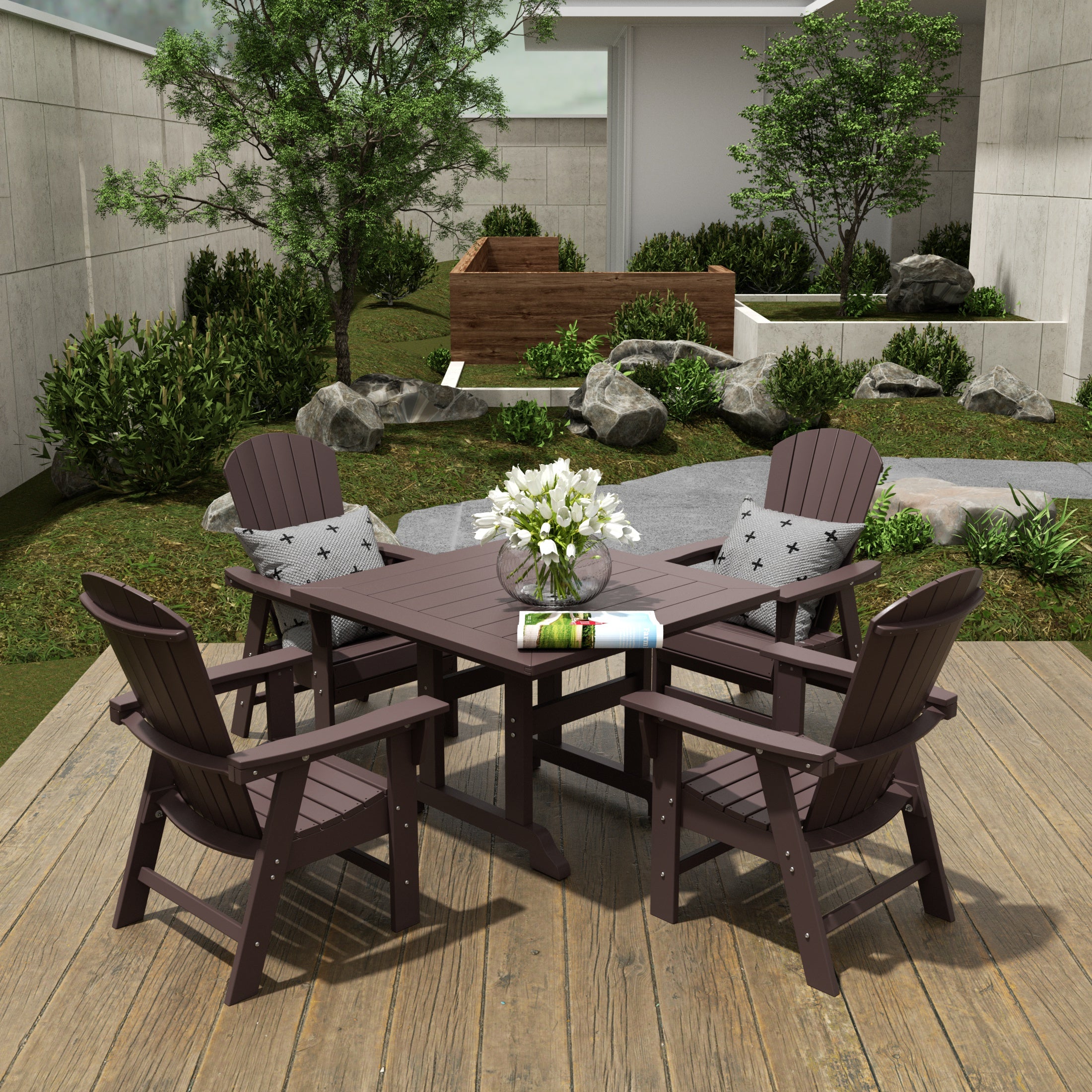 Dylan 5 Piece Outdoor Patio Dining Square Table and Shell Back Armchair Set