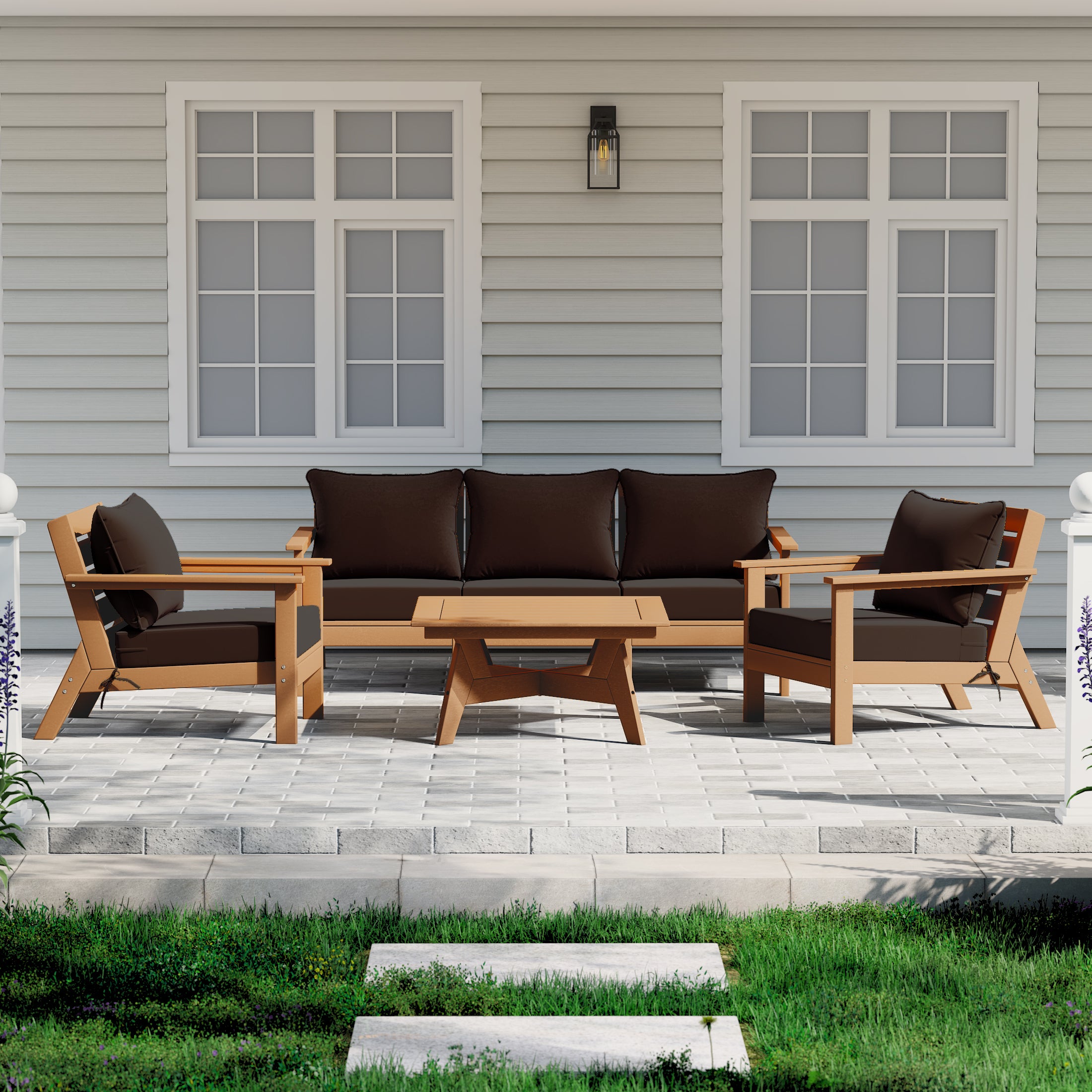 Avalon Outdoor 6-Piece Modular Sectional Patio Furniture Sofa Set in Teak Color Frame