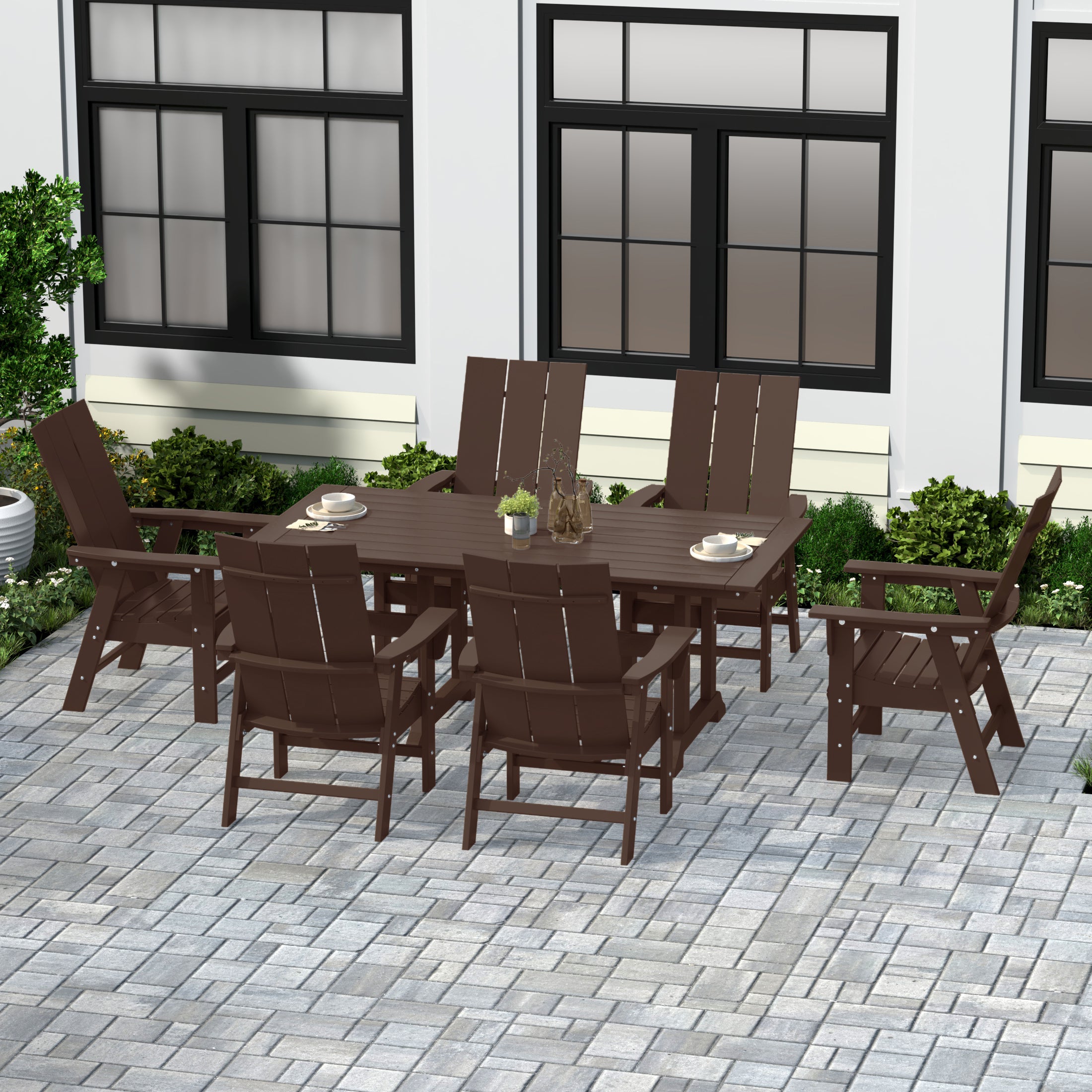 Ashore 7 Piece Outdoor Patio Dining Table and Modern Adirondack Armchair Set
