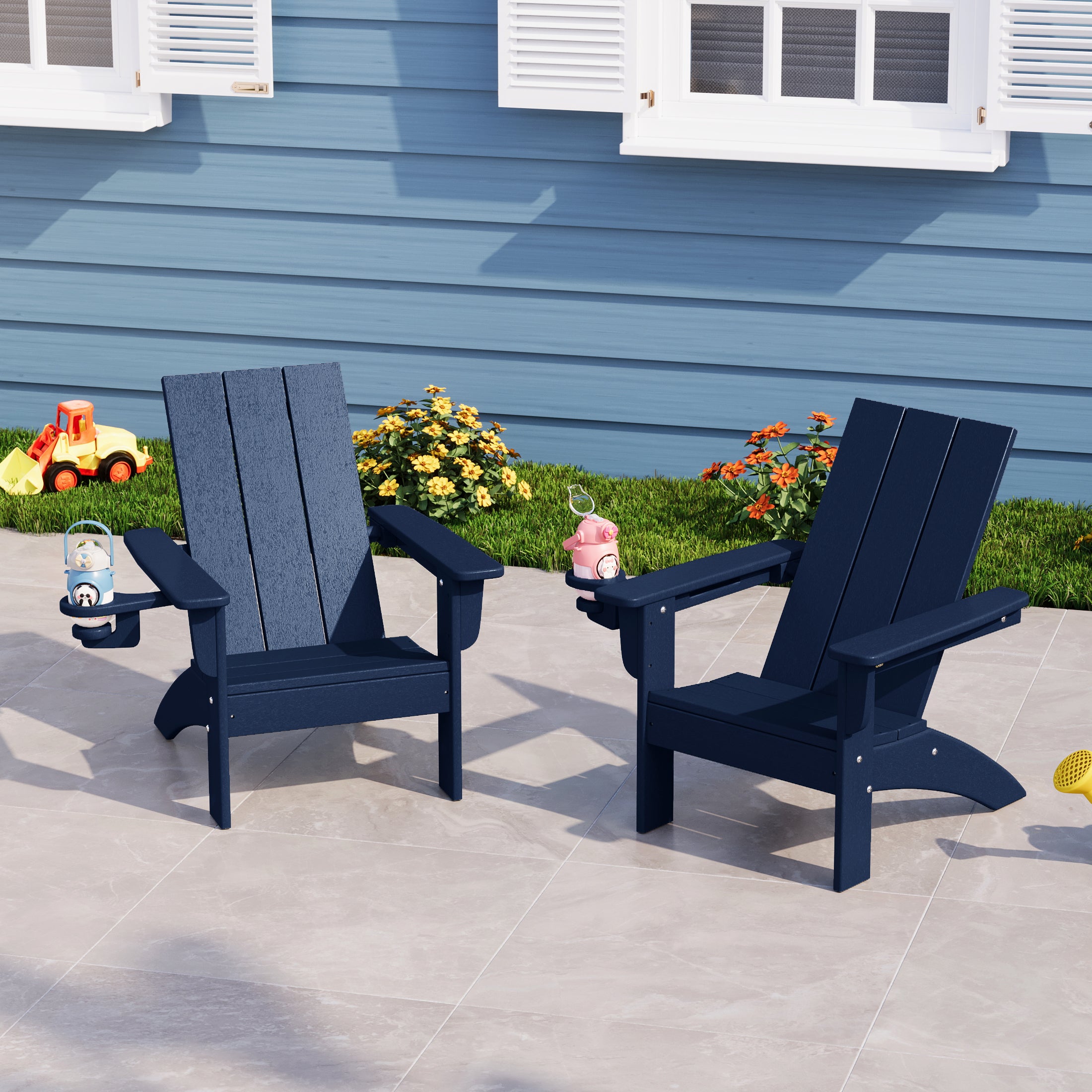 Ashore Kids Outdoor HDPE Plastic Modern Adirondack Patio Chairs with Cup Holders (Set of 2)