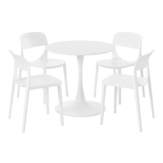 Playa 5-Piece Round Metal Bistro Dining Table Set And Stackable Resin Patio Dining Side Chairs