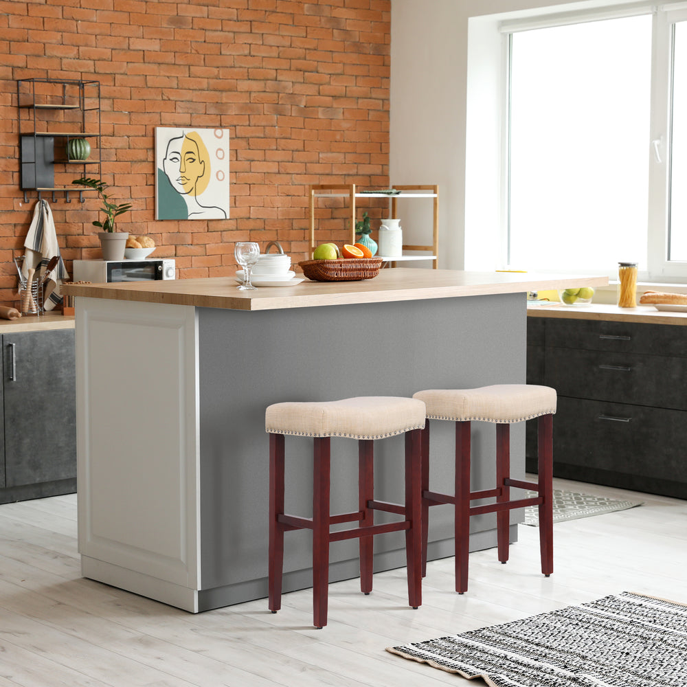 Lenox 29" upholstered nail head bar counter stools with Cherry Red color legs (2 piece set)