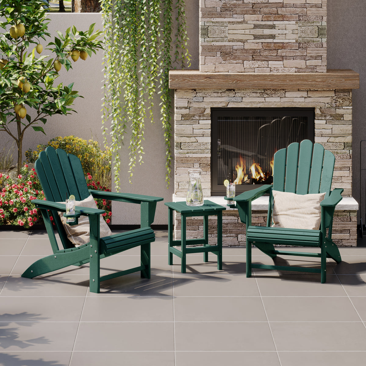 Highland Adirondack chair and table set in Dark Green styled outdoors