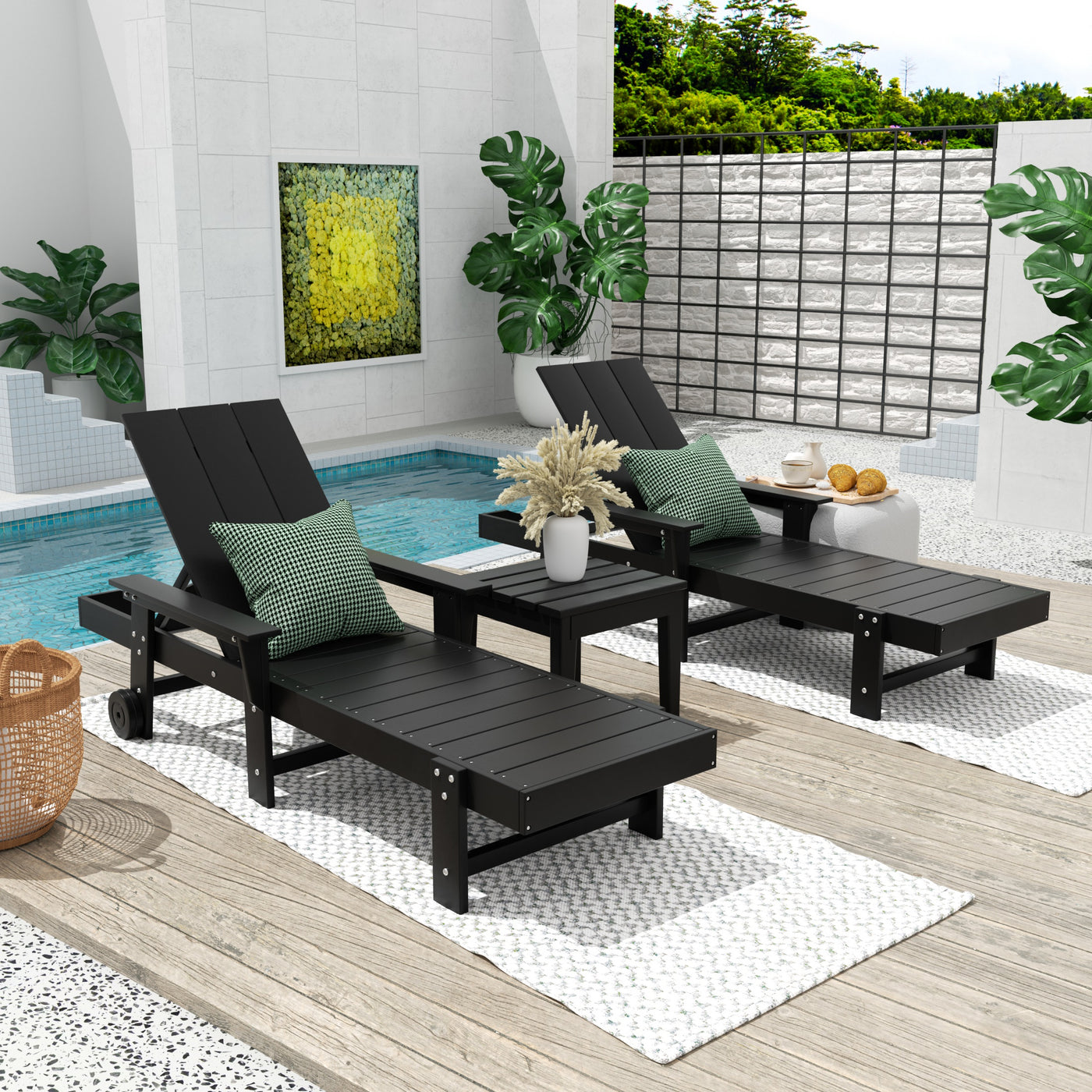 Ashore Modern Poly Reclining Chaise Lounge Set with Side Table