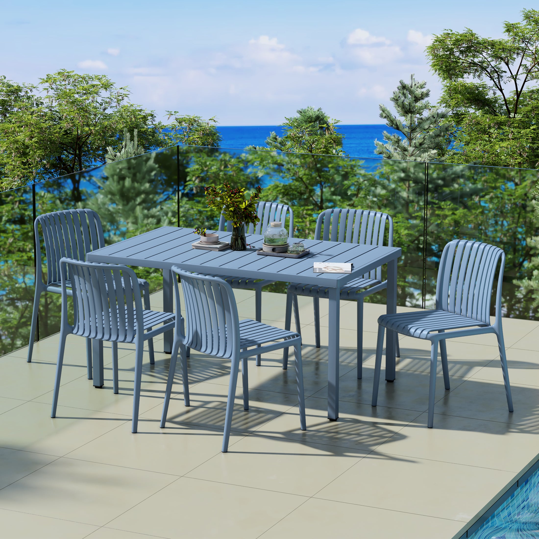 Playa 7-Piece Outdoor Patio Dining Table Set With Stackable Patio Chairs