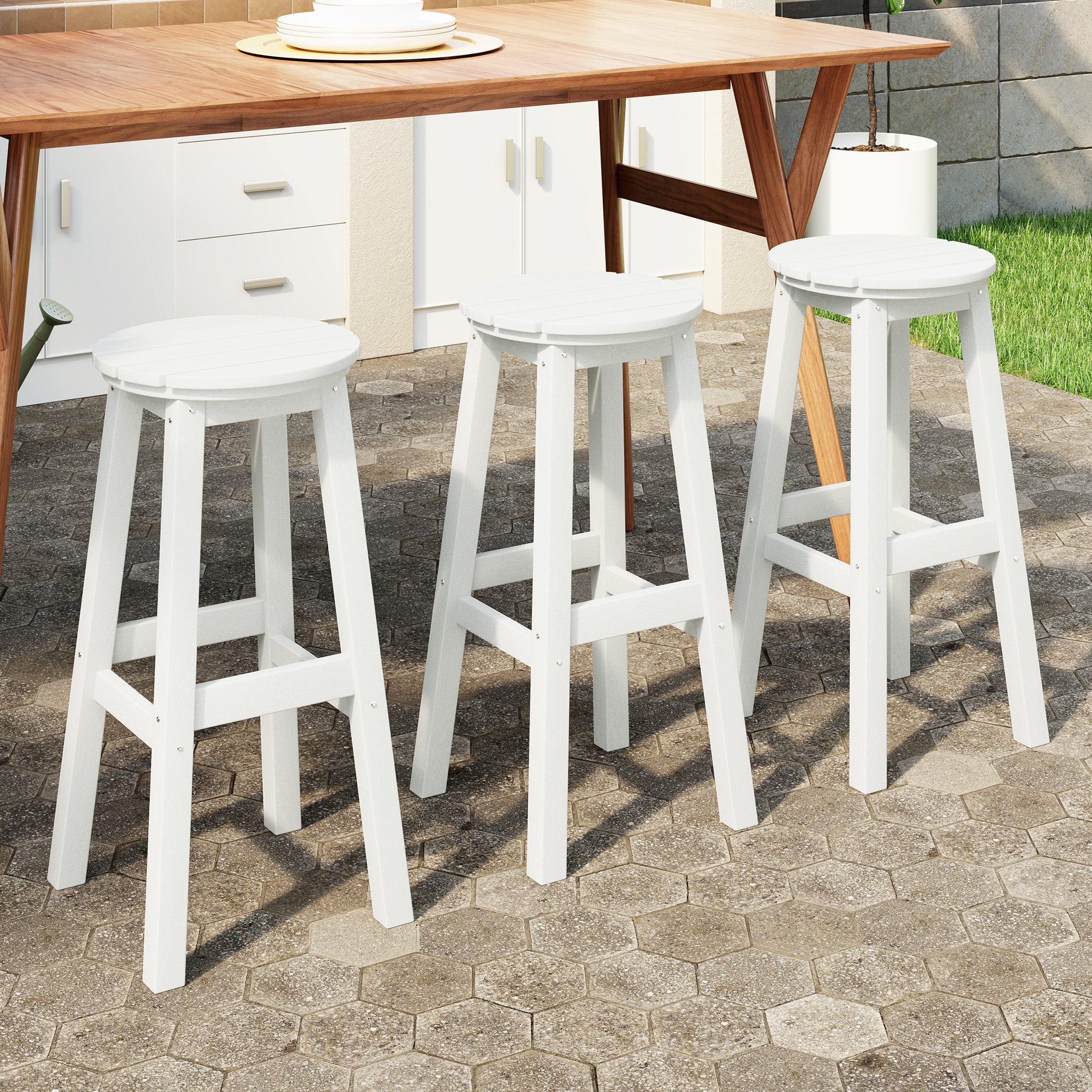 Malibu 29" HDPE Outdoor Patio Round Bar Stool Set of 3