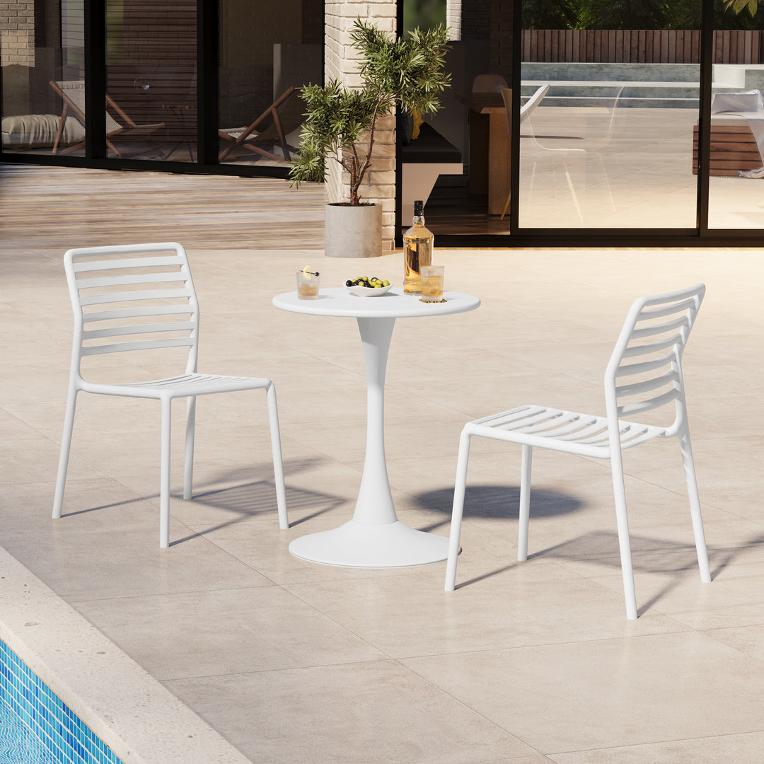 Playa 3-Piece Outdoor Metal Round Dining Table Set With Stackable Resin Patio Dining Chairs