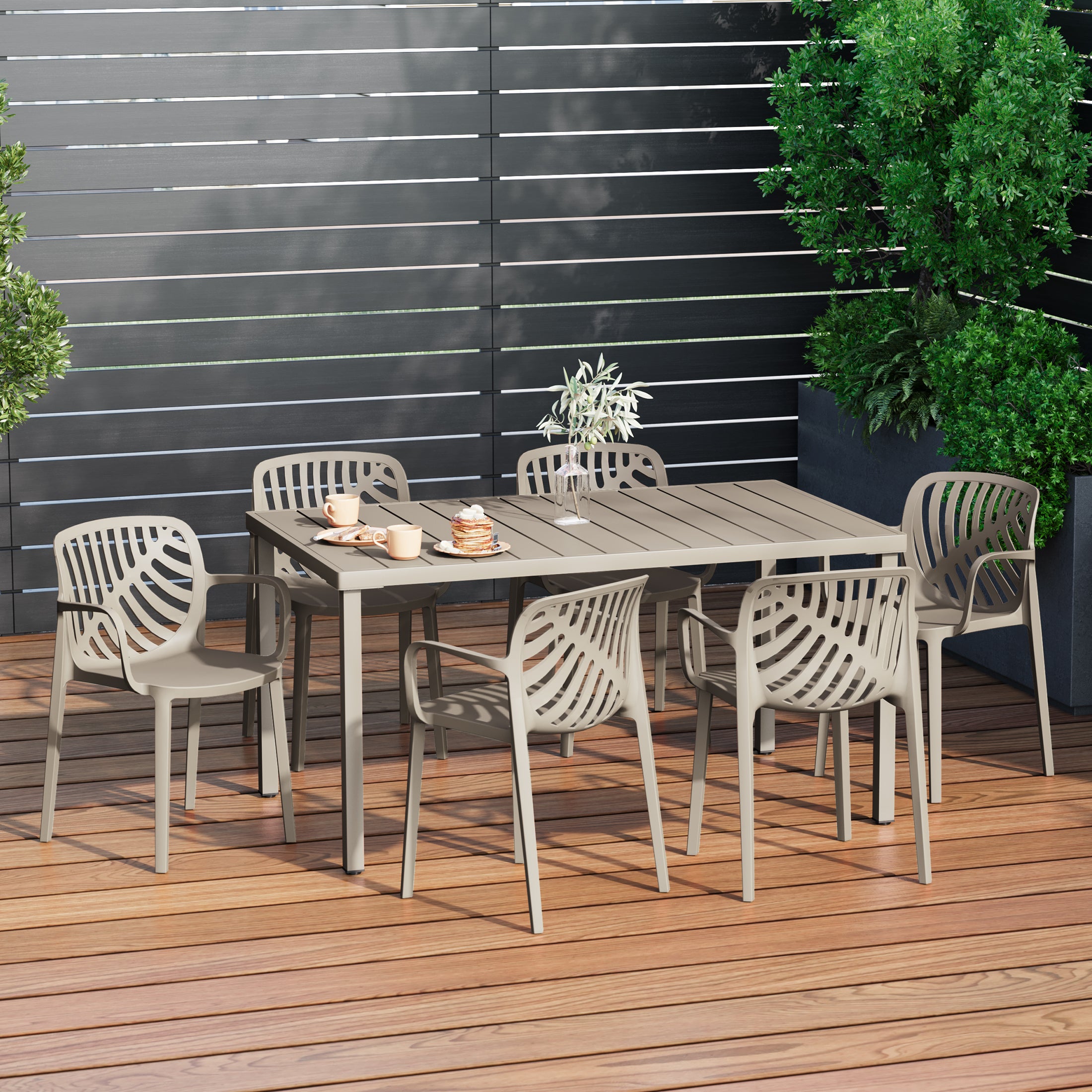 Playa 7-Piece Outdoor Metal Rectangle Patio Dining Table Set With Stackable Resin Patio Dining Chairs