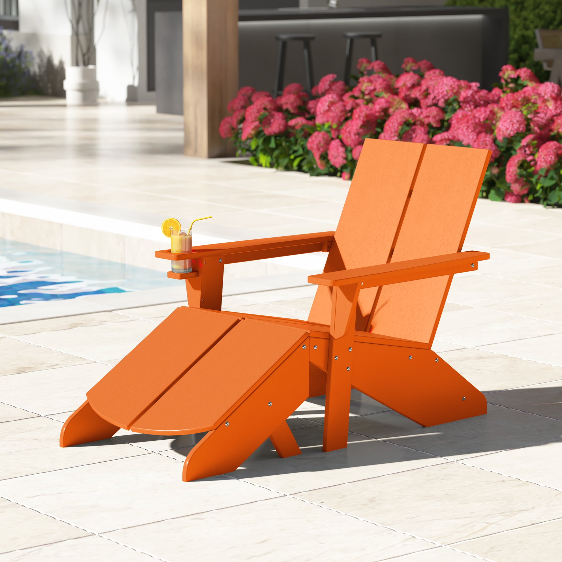 Riviera Outdoor HDPE Modern Adirondack Chair with Folding Patio Ottoman and Cup Holder