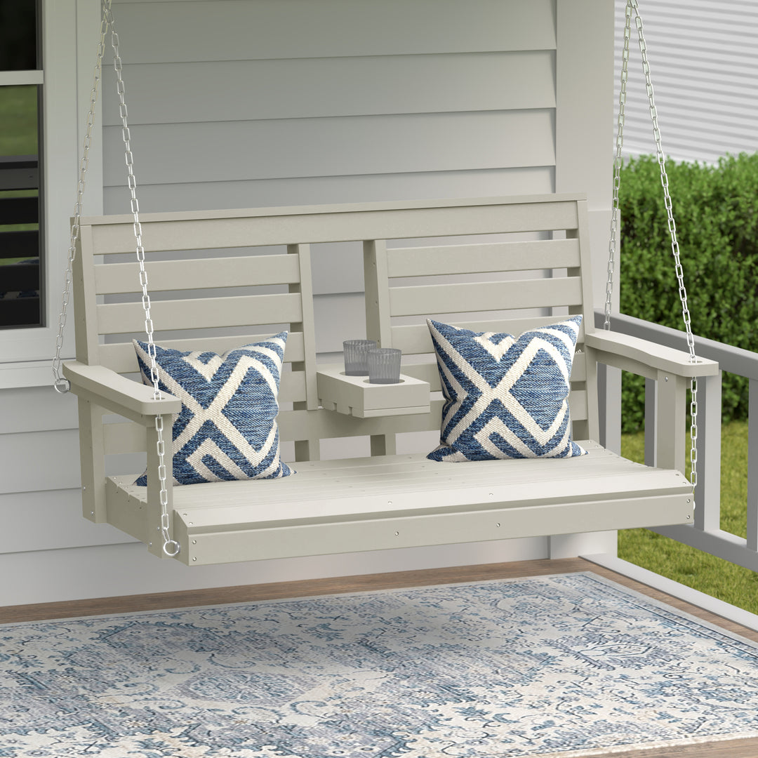 St Charles Outdoor HDPE 54" Front Hanging Porch Swing Bench With Cupholders