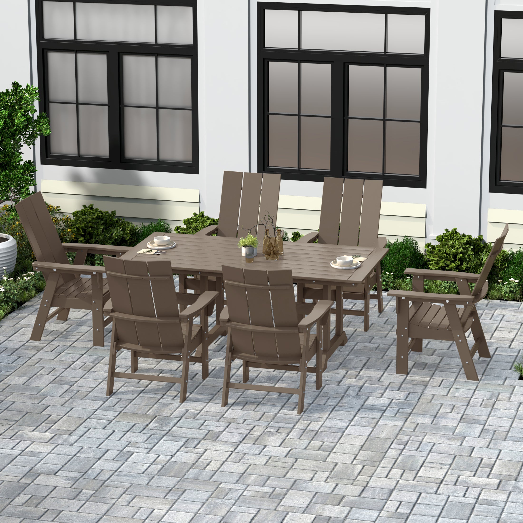 Ashore 7 Piece Outdoor Patio Dining Table and Modern Adirondack Armchair Set