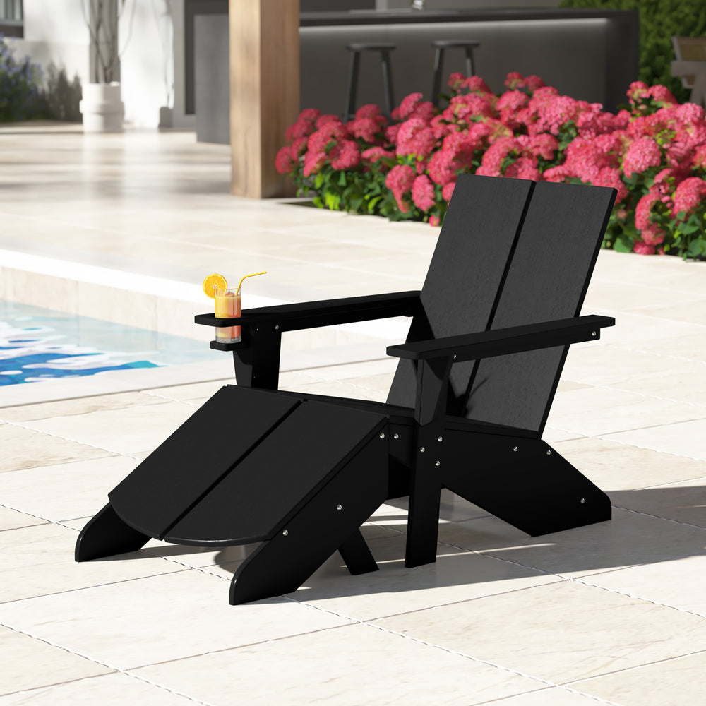 Riviera Outdoor HDPE Modern Adirondack Chair with Folding Patio Ottoman and Cup Holder