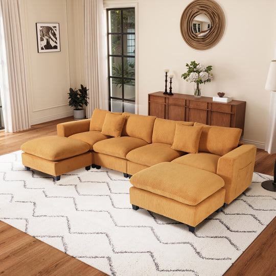 Hearthside 128" Corduroy Modular U-Shaped Sectional Couch and Chaise With USB/Type-C Ports and Side Pockets