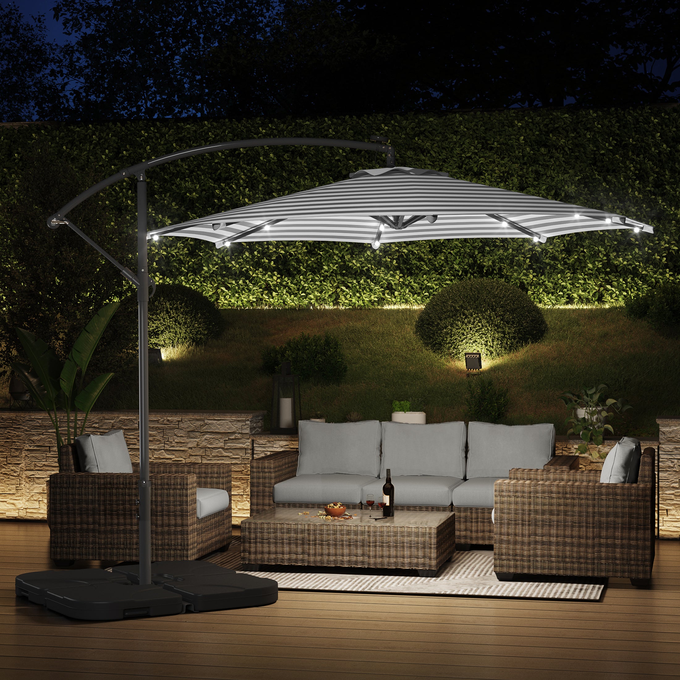 Albert 10 ft. Outdoor / Paito Cantilever Hanging Umbrella with Solar Power LED lights and 50 lbs concrete weight base kit