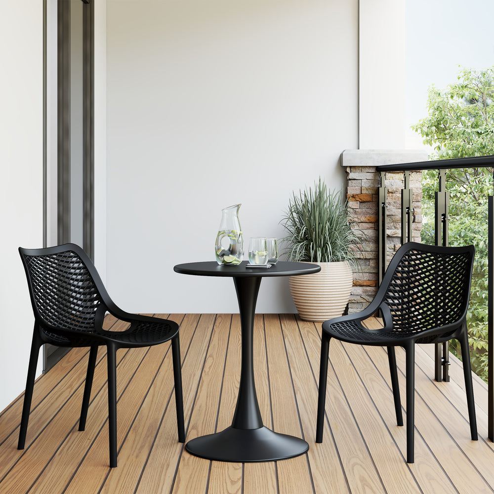 Playa 3-Piece Outdoor Round Metal Dining Table Set And Stackable Resin Patio Dining Side Chairs