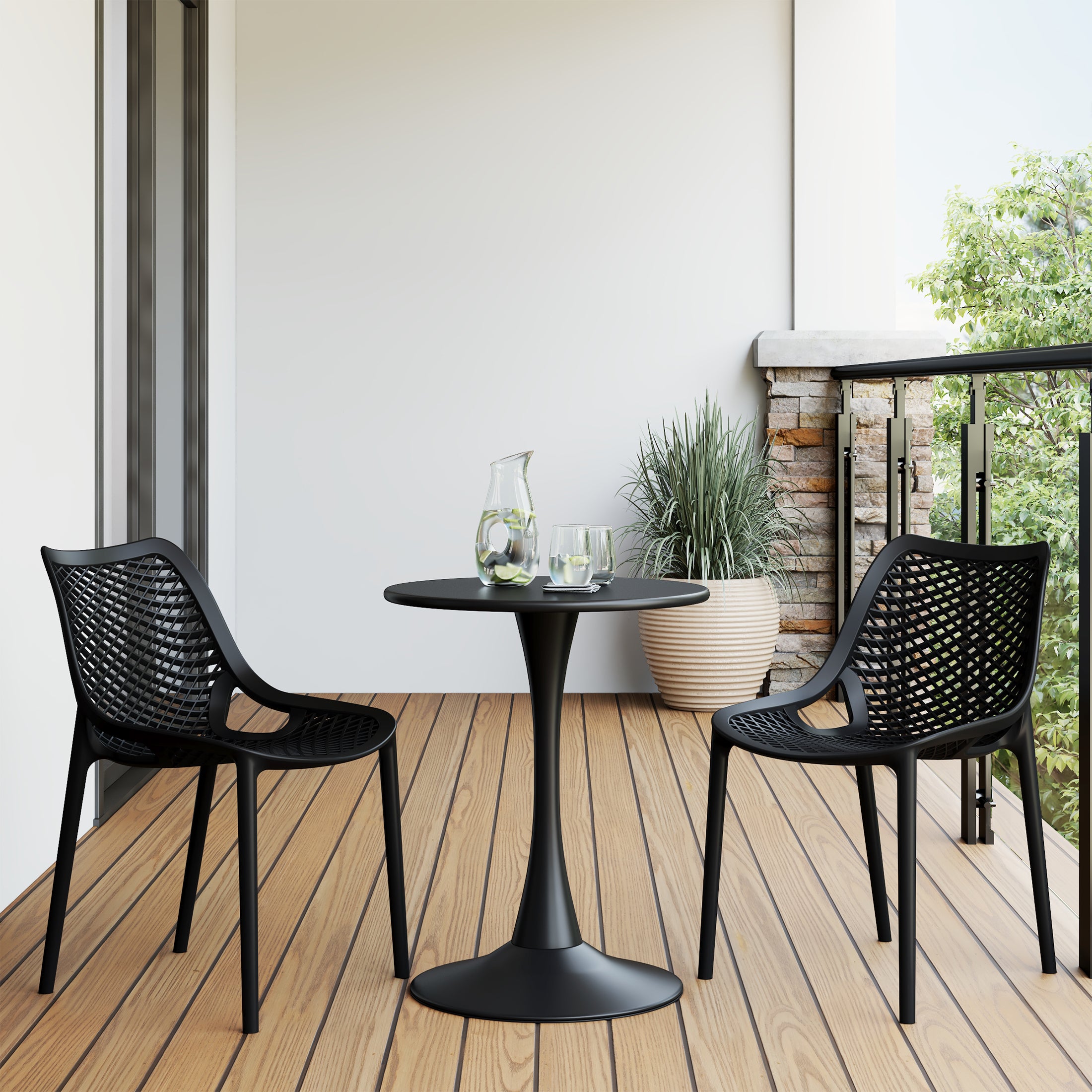 Playa 3-Piece Outdoor Round Metal Dining Table Set And Stackable Resin Patio Dining Side Chairs