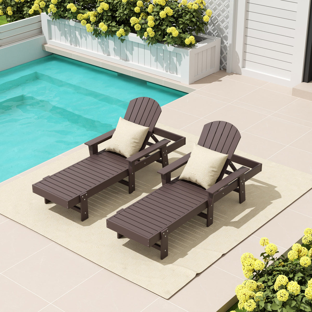 Dylan Adirondack reclining chaise lounge with arms in Dark Brown styled outdoors