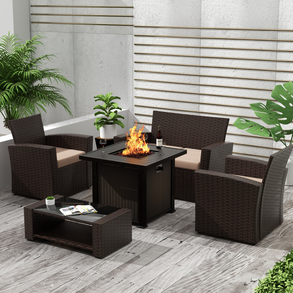 Coastal 4-Piece Conversation Outdoor Patio Sofa Set with Square Fire Pit Table, Chocolate