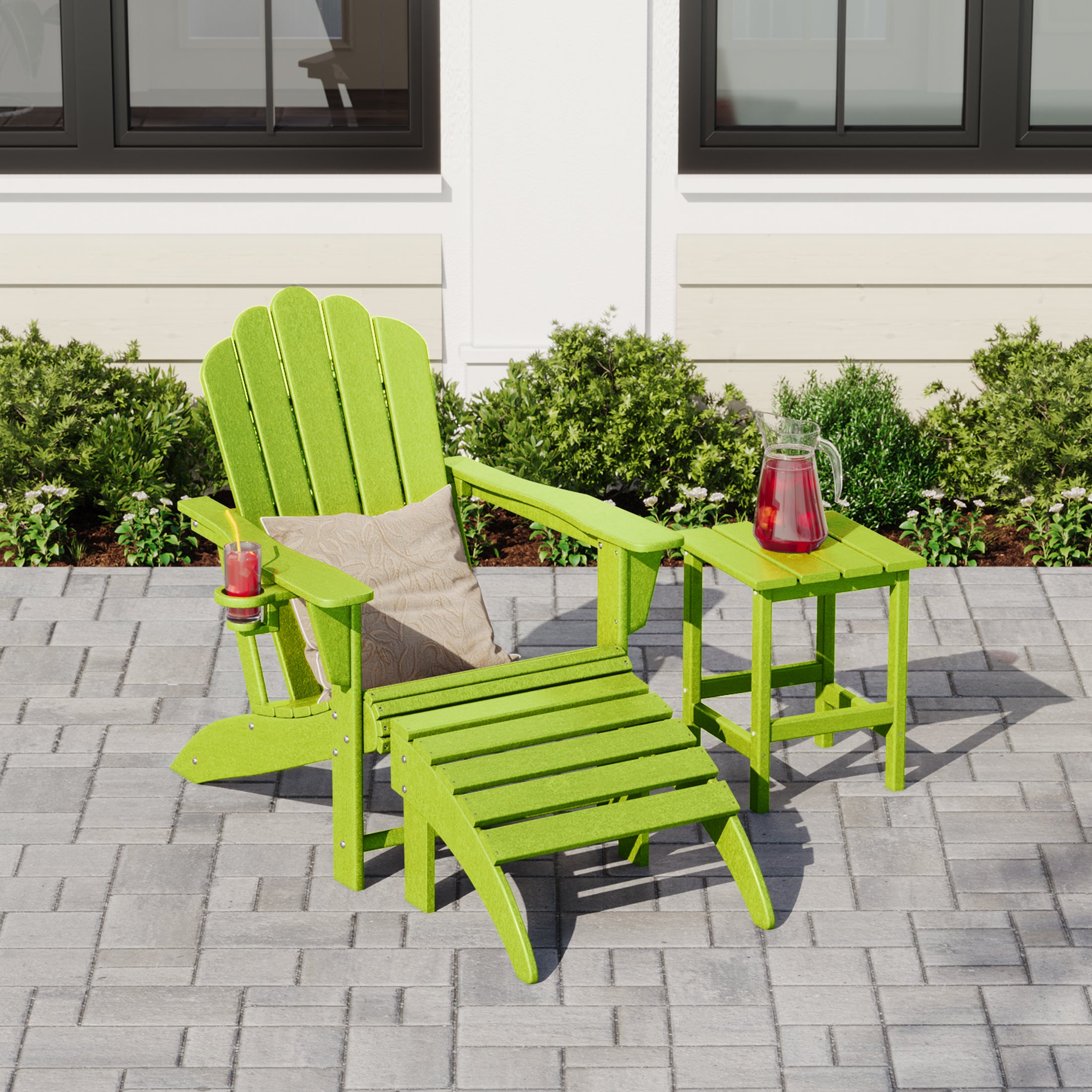 Highland 3-Piece Adirondack Chair with Cup Holder and Folding Ottoman and Table Set