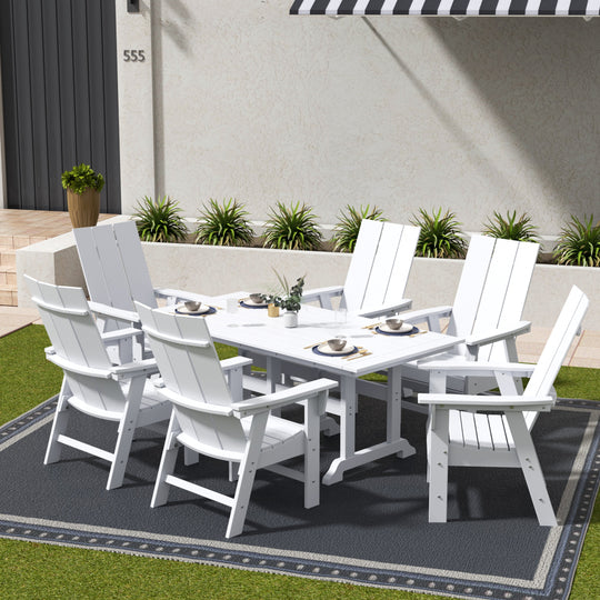 Ashore 7-Piece Outdoor Patio Dining Table and Modern Adirondack Armchair Set