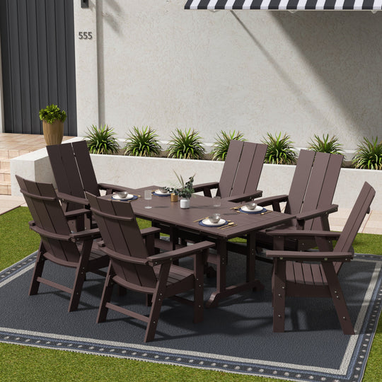 Ashore 7-Piece Outdoor Patio Dining Table and Modern Adirondack Armchair Set