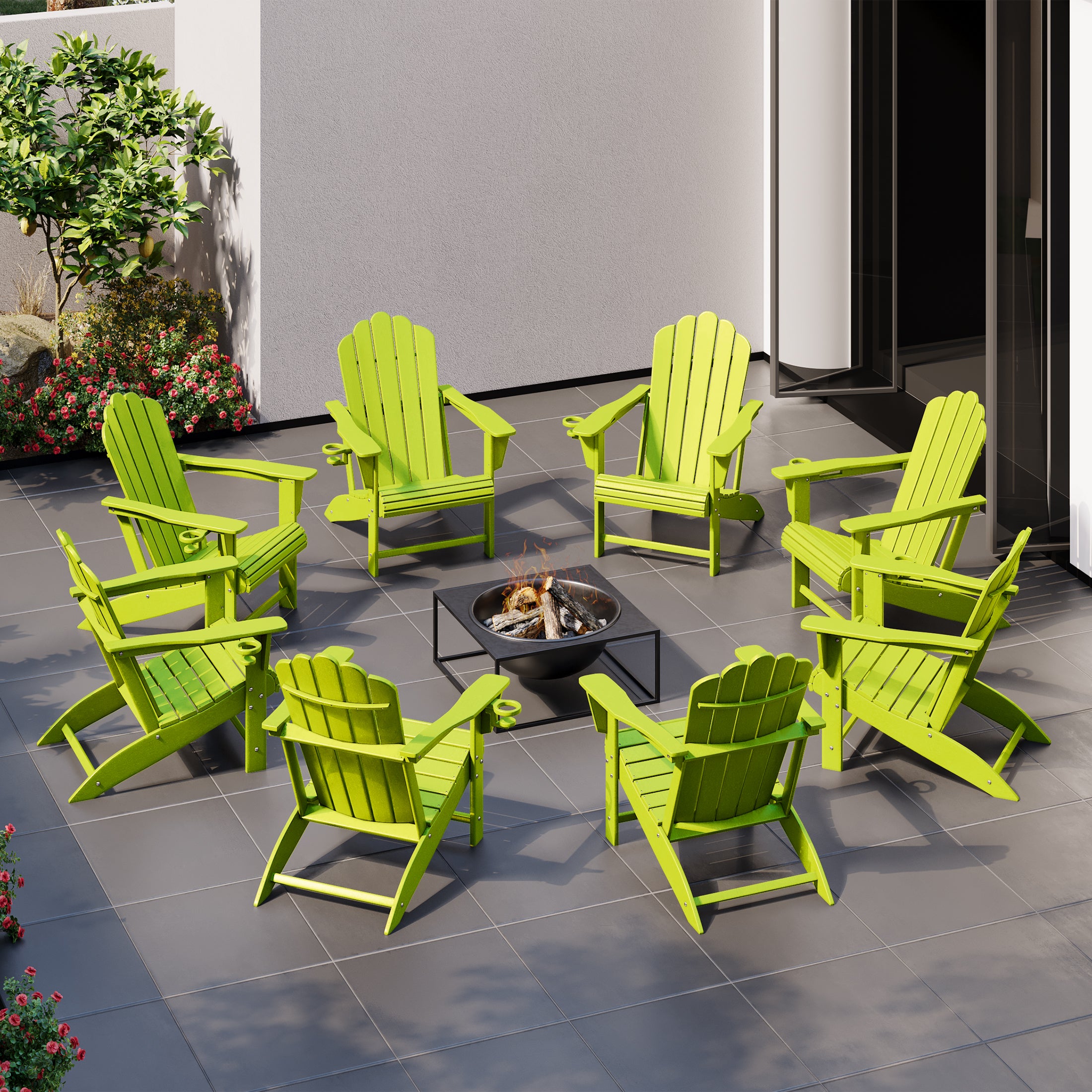 Highland Outdoor Patio HDPE Adirondack Chairs With Cup Holders (Set of 8)