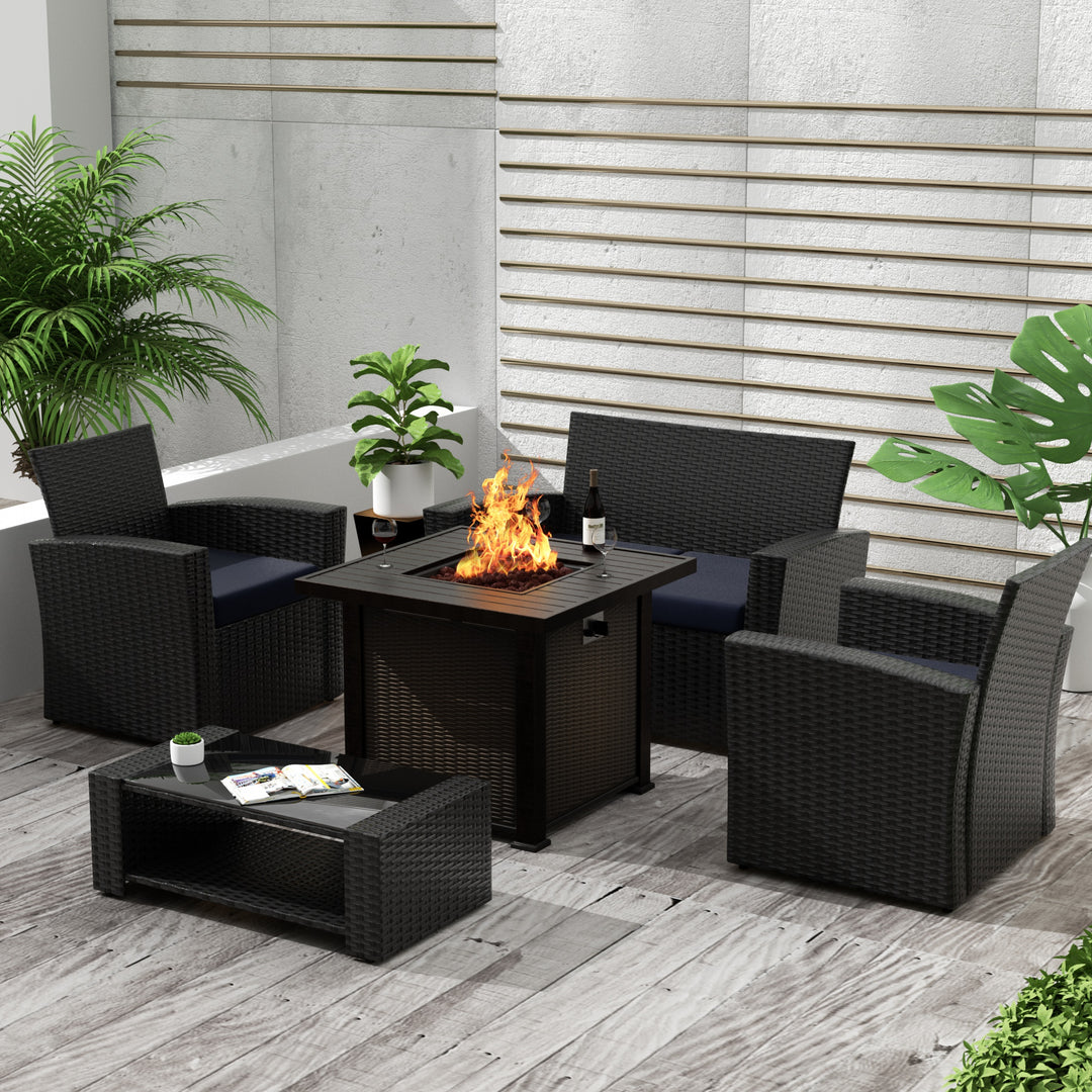 Coastal 4-Piece Black Outdoor Patio Conversation Sofa Set with Square Fire Pit Table