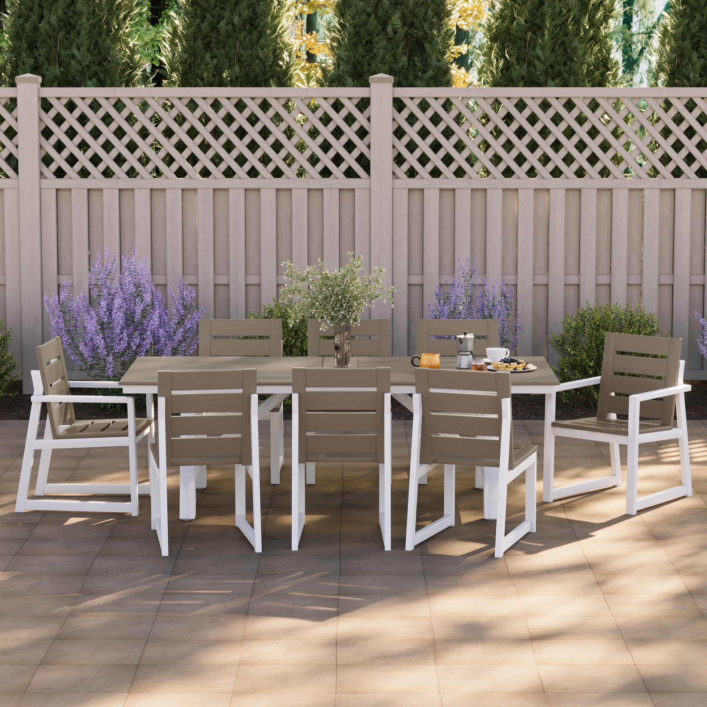 Cape May 9-Piece HDPE Outdoor Furniture Patio Dining Table With Umbrella Hole and Chairs Set For 8
