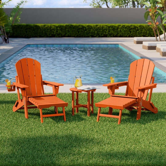 Malibu 3-Piece Outdoor Folding Adjustable Adirondack Chair with Cup Holder & Hideaway Ottoman and 18" Side Table