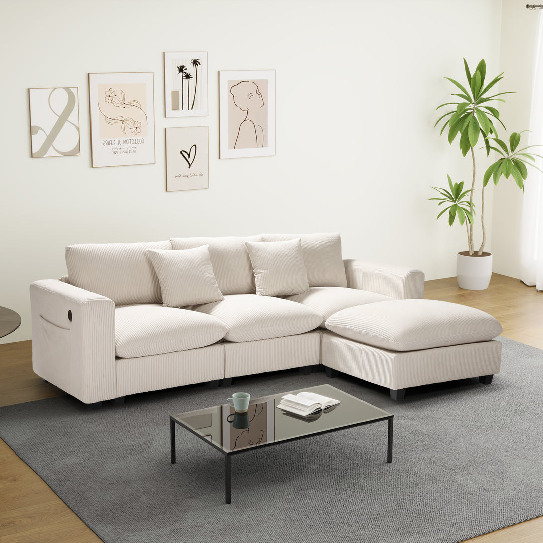 Hearthside 99" Modular Corduroy L-Shaped Sectional Sofa and Chaise With USB/Type-C Ports and Side Pockets