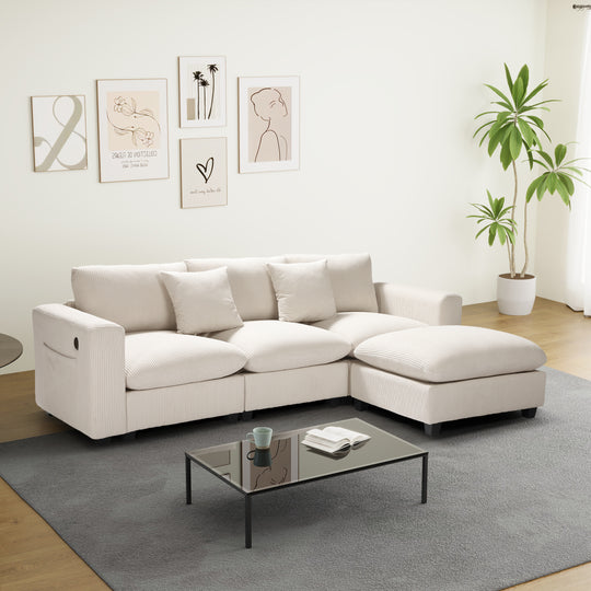 Hearthside 99" Modular Corduroy L-Shaped Sectional Sofa and Chaise With USB/Type-C Ports and Side Pockets